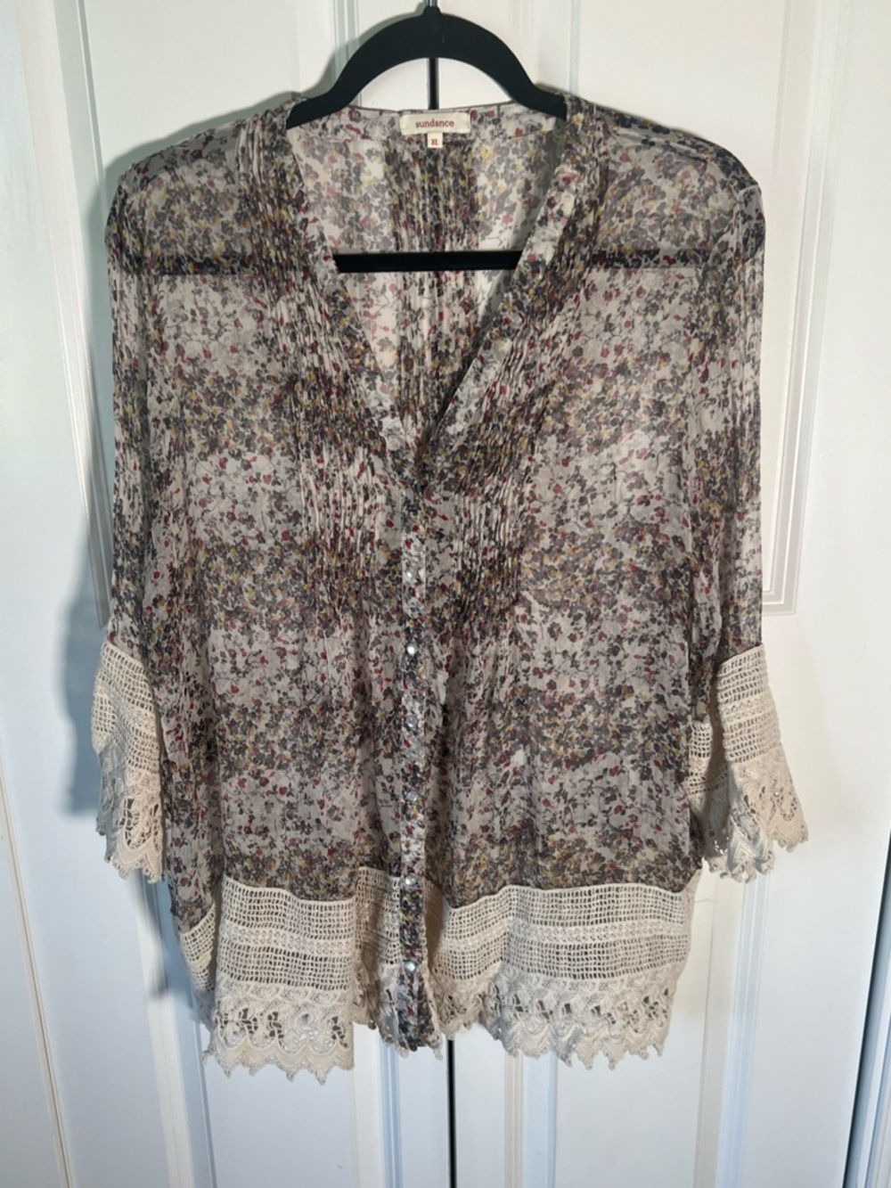 Sundance Sheer Silk Floral Blouse with Crochet Trim - Cream Multi